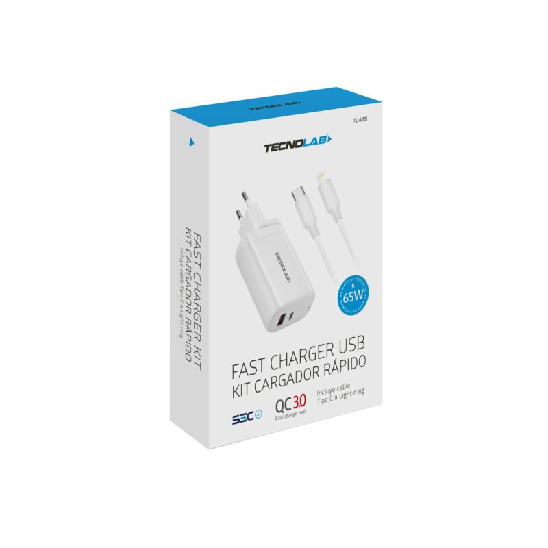 cargador tecnolab qc 3.0 + pd 65w con cable tipo c a lightning. certificaciÓn sec. white — vista 3