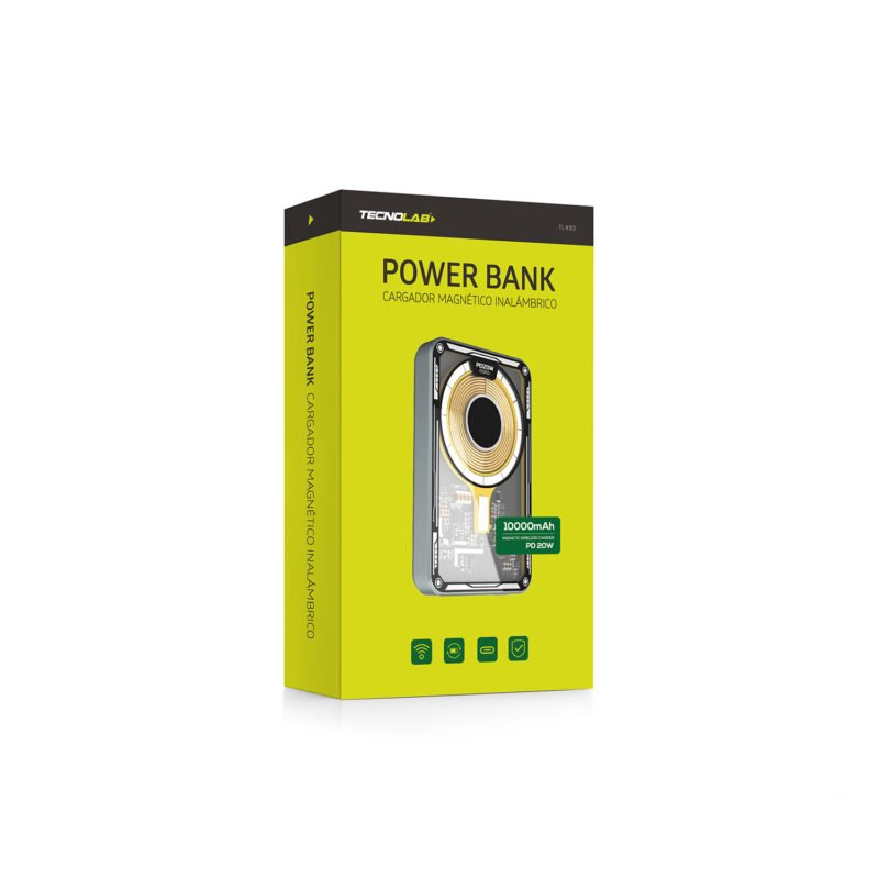 powerbank tecnolab inalambrico magnetico, 10000mah, 20w, entrada/ salida tipo c, 5 led. yellow — vista 5