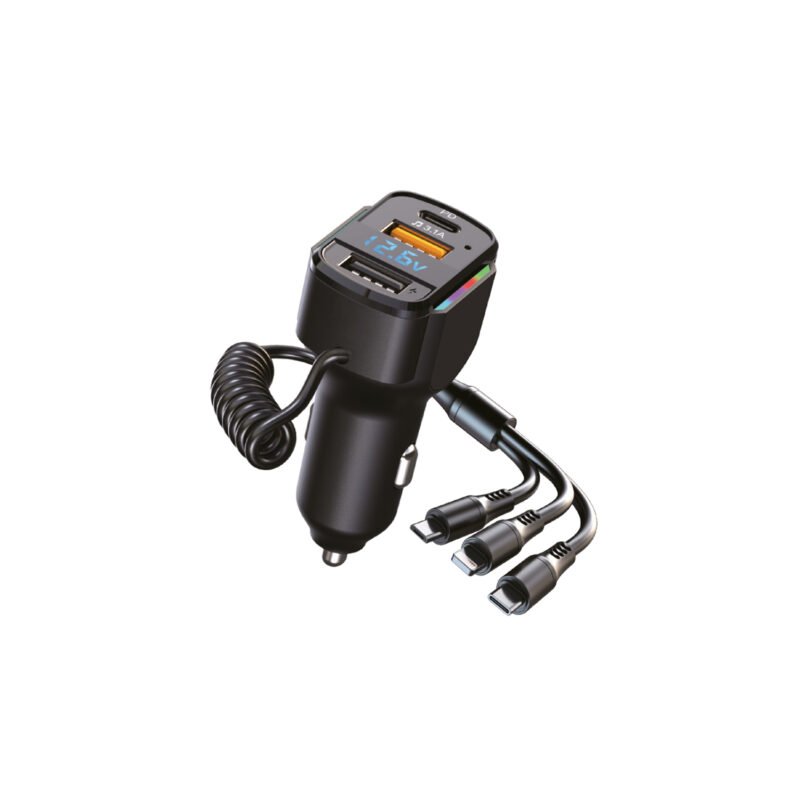 cargador tecnolab de automovil, iluminacion rgb 7 colores, usb 5v 3.1a, deteccion voltaje, cable 3 en 1, 36w/65w.