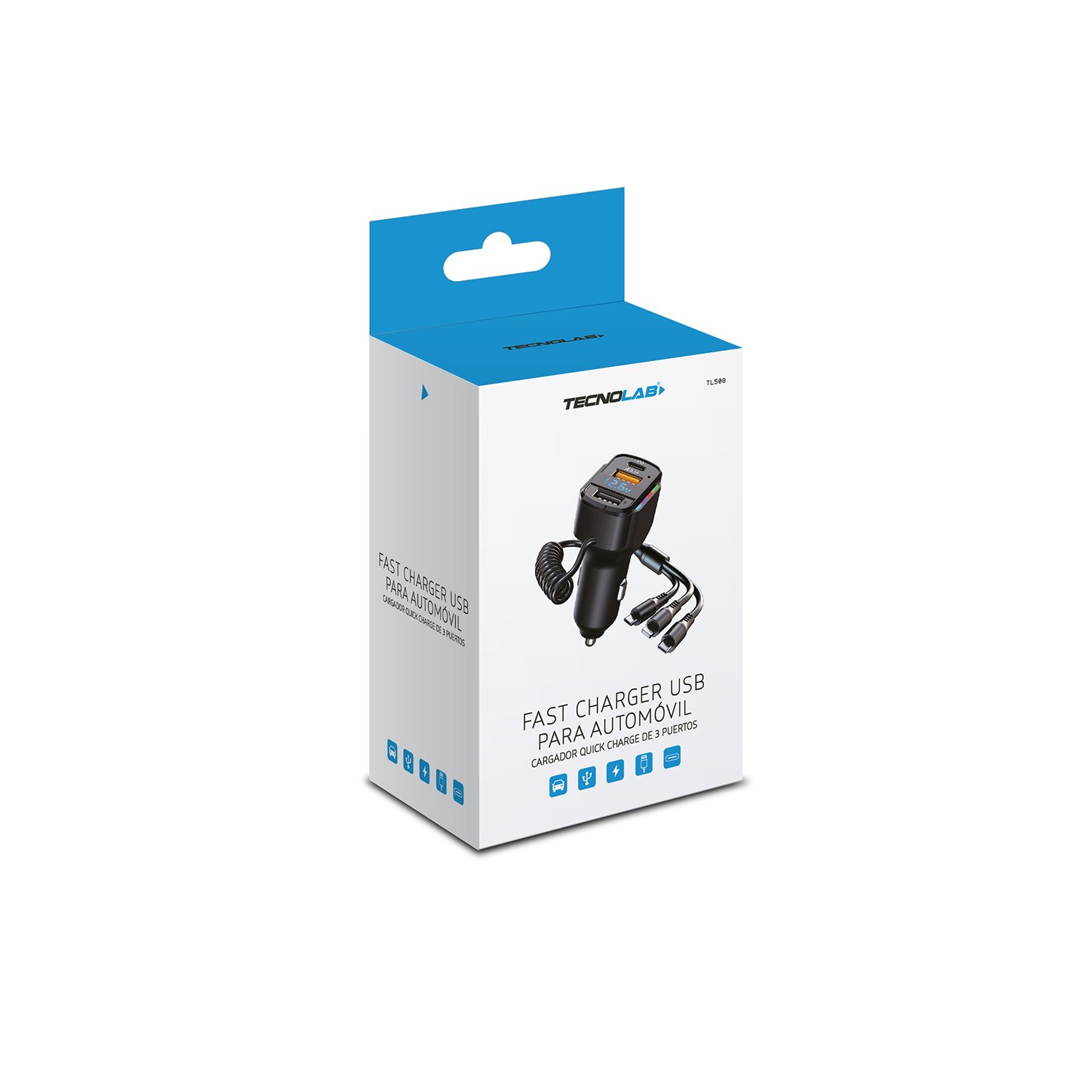 cargador tecnolab de automovil, iluminacion rgb 7 colores, usb 5v 3.1a, deteccion voltaje, cable 3 en 1, 36w/65w. cargador tecnolab de automovil, iluminacion rgb 7 colores, usb 5v 3.1a, deteccion voltaje, cable 3 en 1, 36w/65w.