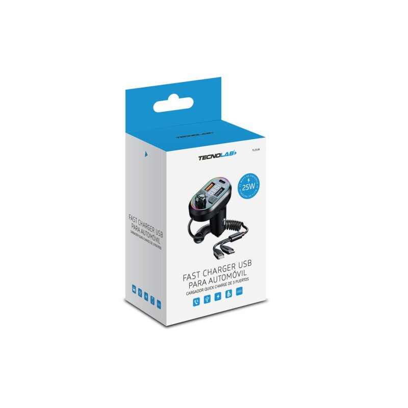cargador tecnolab de automovil bt 5.0, 25 watts con funcion reduccion ruido, rgb, manos libres, 3 puertos, mp3/wav, fm 87.5 108mhz. — vista 3