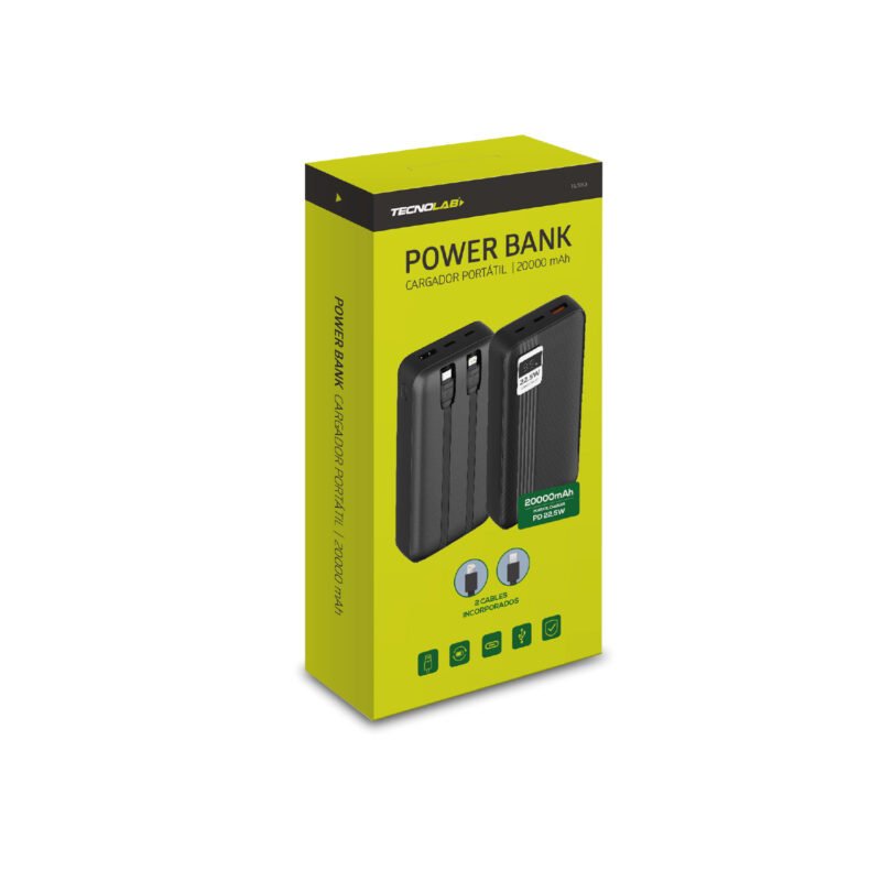 powerbank tecnolab 20000mah 22,5w incluye 2 cables tipo c y lightning white — vista 3