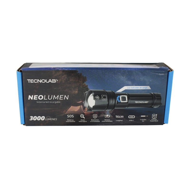 linterna tecnolab led zoom telescopico, 3 modos de iluminacion, resistente al agua, 3000 lumines, carga usb. 16cm