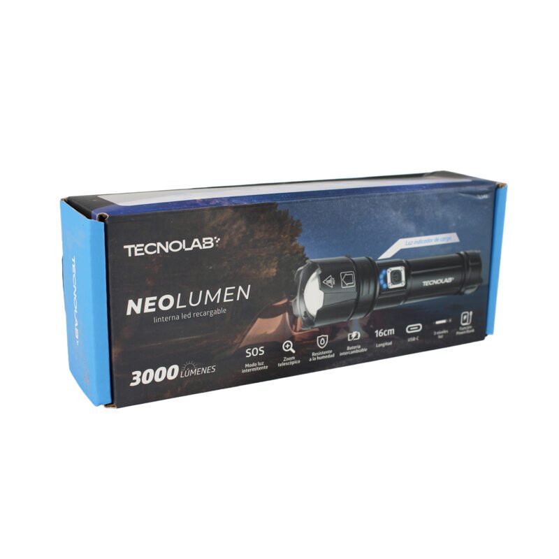 linterna tecnolab led zoom telescopico, 3 modos de iluminacion, resistente al agua, 3000 lumines, carga usb. 16cm — vista 2