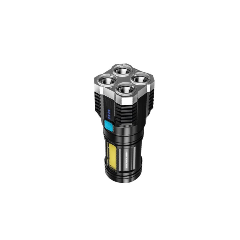 linterna tecnolab cuatro led, carga usb, resistente a salpicaduras, luz led osl + cob, bateria de litio. 500 lumenes 14 cm.
