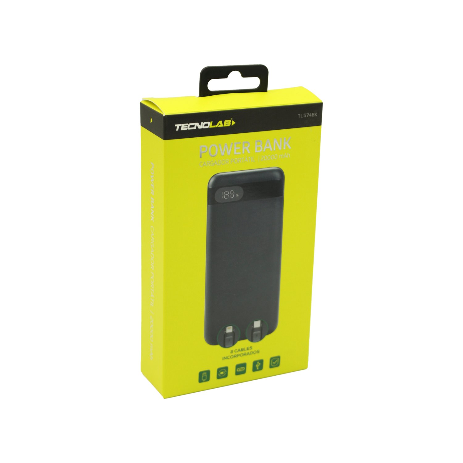 powerbank tecnolab 20000mah, 22.5 watts carga rapida, 2 cables incorporados, proteccion sobrecarga. black powerbank tecnolab 20000mah, 22.5 watts carga rapida, 2 cables incorporados, proteccion sobrecarga. black