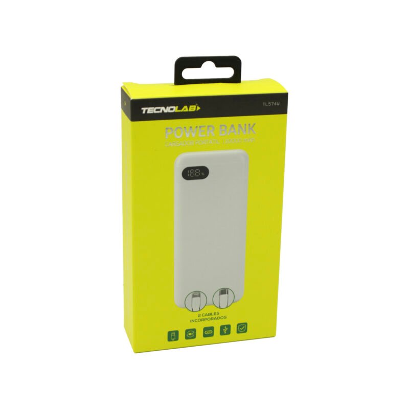 powerbank tecnolab 20000mah,22.5 watts carga rapida, 2 cables incorporados, proteccion sobrecarga. white — vista 2