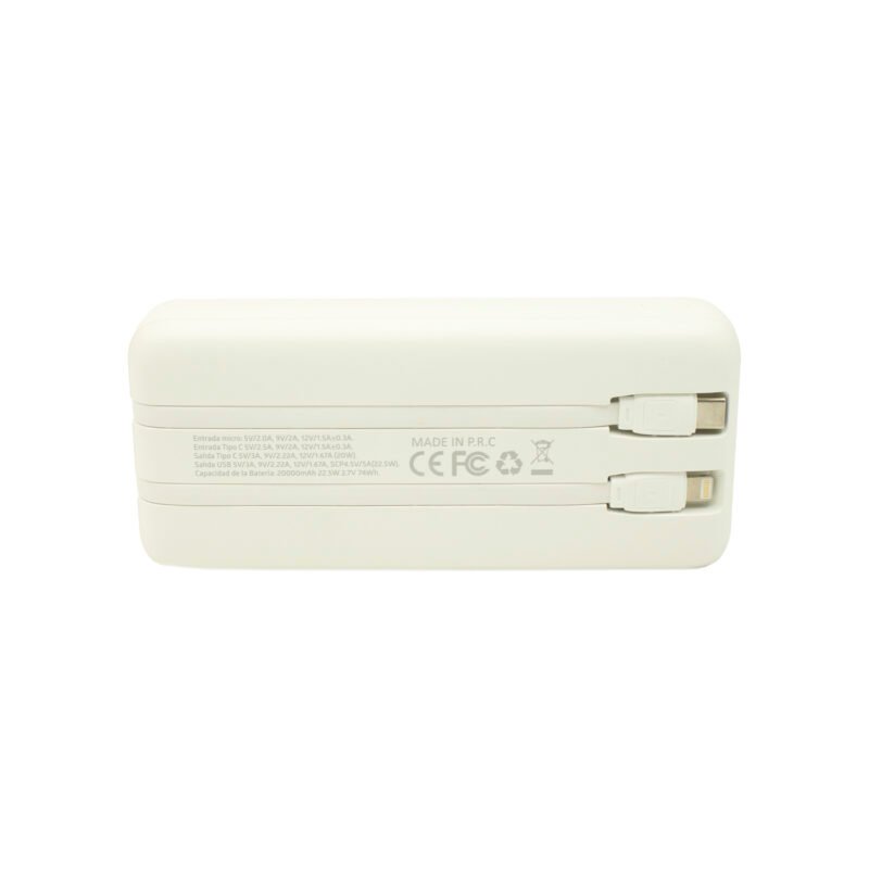 powerbank tecnolab 20000mah,22.5 watts carga rapida, 2 cables incorporados, proteccion sobrecarga. white — vista 3