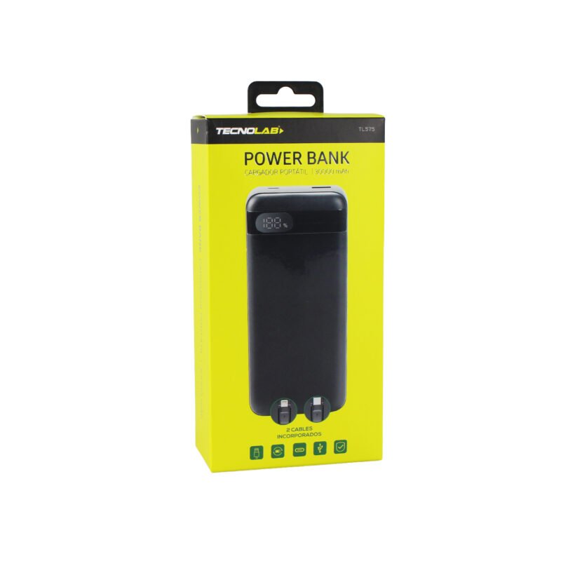 powerbank tecnolab 30000mah, 22.5watts carga rapida, 2 cables incorporados, proteccion sobrecarga.