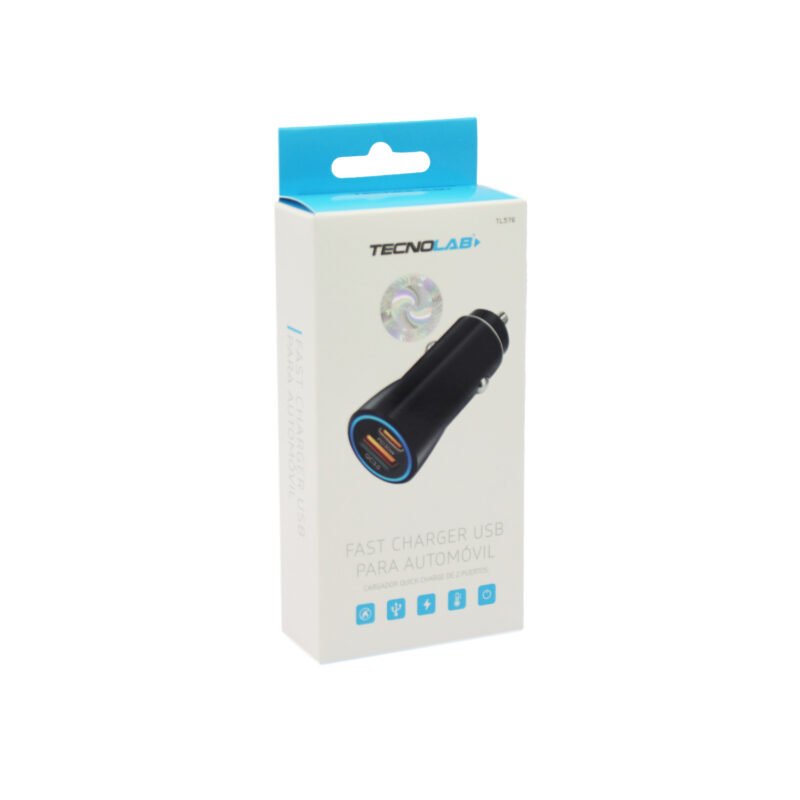 cargador tecnolab para automovil 48w, 1 puerto usb, tipo c, usb a+tipo c. black — vista 3