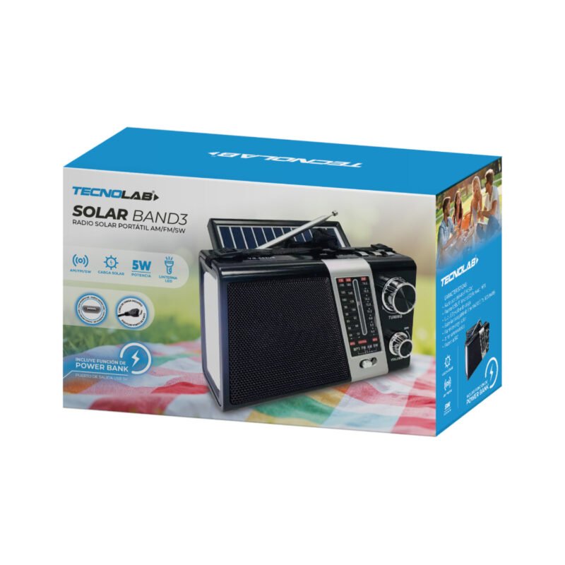radio tecnolab portatil am/fm/sw, usb/tf, luz led, carga solar, bateria litio 18650, 5w.