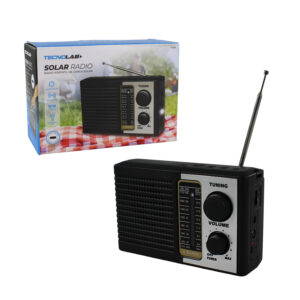 radio tecnolab portatil am/fm/sw, usb/tf, luz led, carga solar, bateria litio 18650 1200mah, 5w.