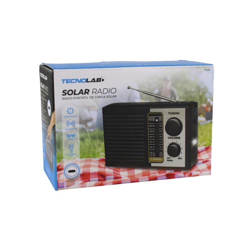 radio tecnolab portatil am/fm/sw, usb/tf, luz led, carga solar, bateria litio 18650 1200mah, 5w. — vista 2