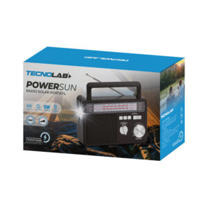 radio tecnolab portatil am/fm/sw, usb/tf, bt, con linterna, carga solar, bateria litio 18650, 5w.
