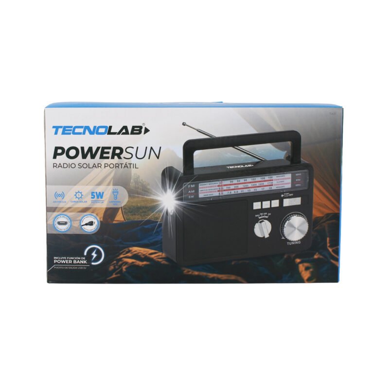 radio tecnolab portatil am/fm/sw, usb/tf, bt, con linterna, carga solar, bateria litio 18650, 5w. — vista 3