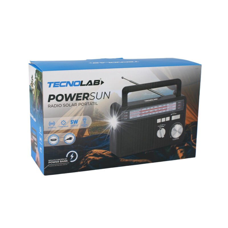radio tecnolab portatil am/fm/sw, usb/tf, bt, con linterna, carga solar, bateria litio 18650, 5w. — vista 4