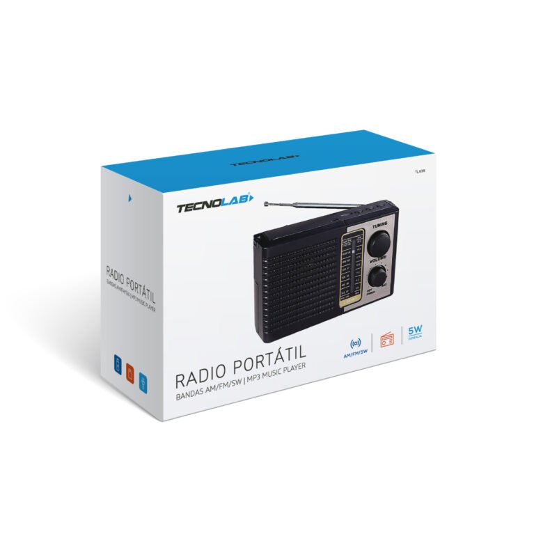 radio tecnolab portatil am/fm/sw, usb/tf, luz led, bateria litio 18650, antena telescopica, 5w.