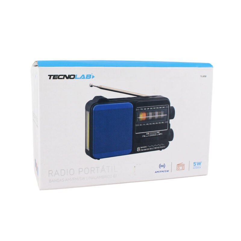 radio tecnolab portatil am/fm/sw 1 6/8 bandas tecnolab, usb/tf, luz led, bateria 18650, antena telescopica, 5w.