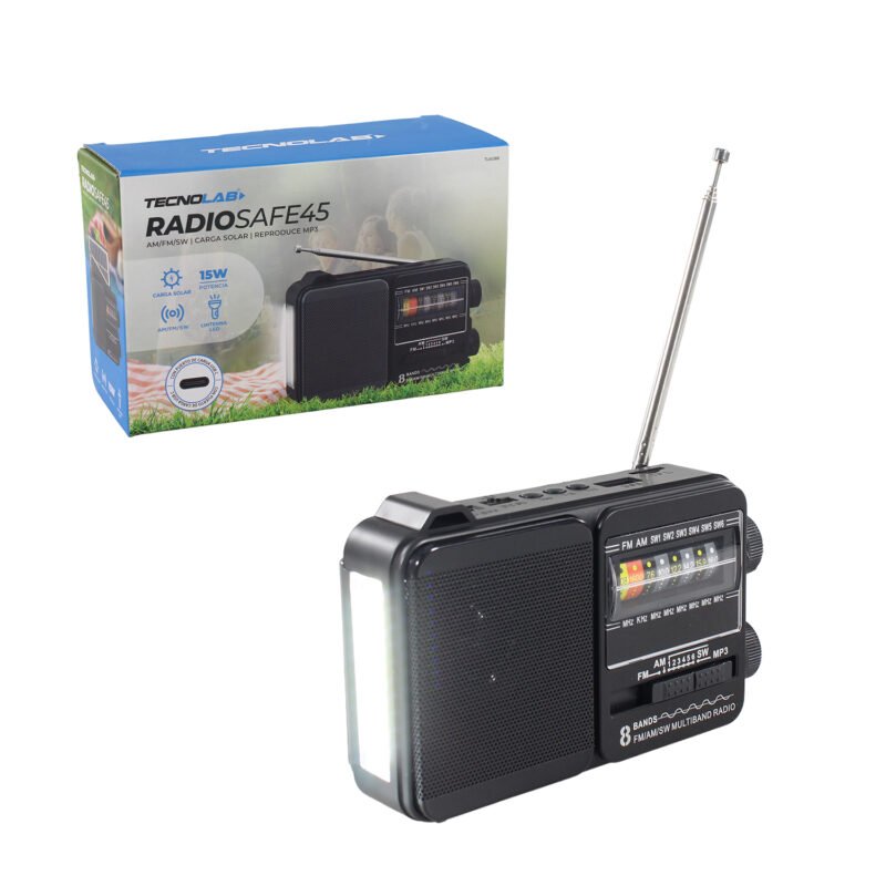 radio tecnolab portatil am/fm/sw, usb/tf, luz led, carga solar, bateria 18650, antena telescopica, 5w.black