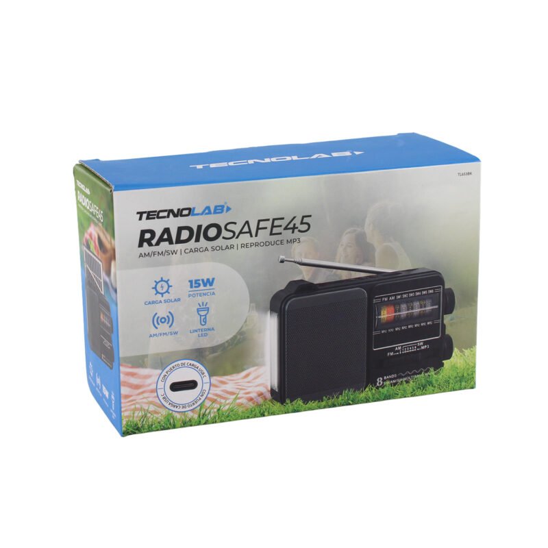 radio tecnolab portatil am/fm/sw, usb/tf, luz led, carga solar, bateria 18650, antena telescopica, 5w.black — vista 2