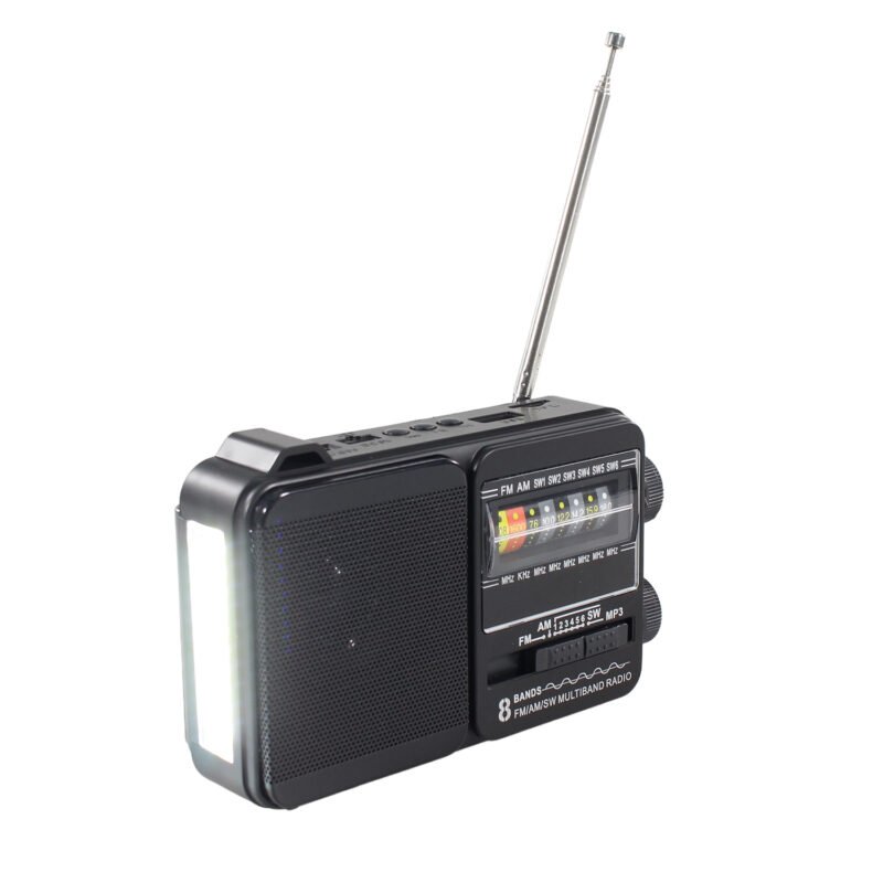 radio tecnolab portatil am/fm/sw, usb/tf, luz led, carga solar, bateria 18650, antena telescopica, 5w.black — vista 3