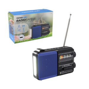 radio tecnolab portatil am/fm/sw, usb/tf, luz led, carga solar, bateria 18650, antena telescopica, 5w. blue