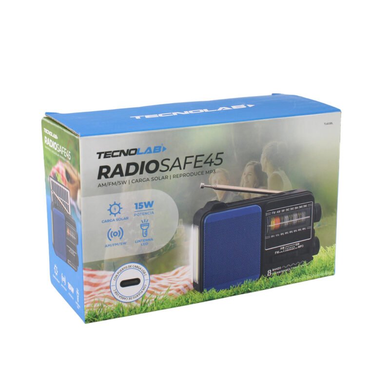radio tecnolab portatil am/fm/sw, usb/tf, luz led, carga solar, bateria 18650, antena telescopica, 5w. blue — vista 2