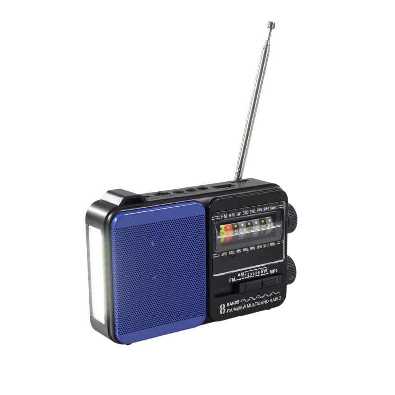 radio tecnolab portatil am/fm/sw, usb/tf, luz led, carga solar, bateria 18650, antena telescopica, 5w. blue — vista 3