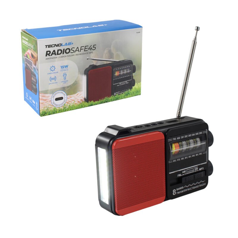 radio tecnolab portatil am/fm/sw, usb/tf, luz led, carga solar, bateria 18650, antena telescopica, 5w. red