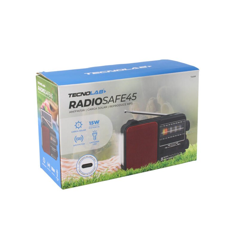 radio tecnolab portatil am/fm/sw, usb/tf, luz led, carga solar, bateria 18650, antena telescopica, 5w. red — vista 2