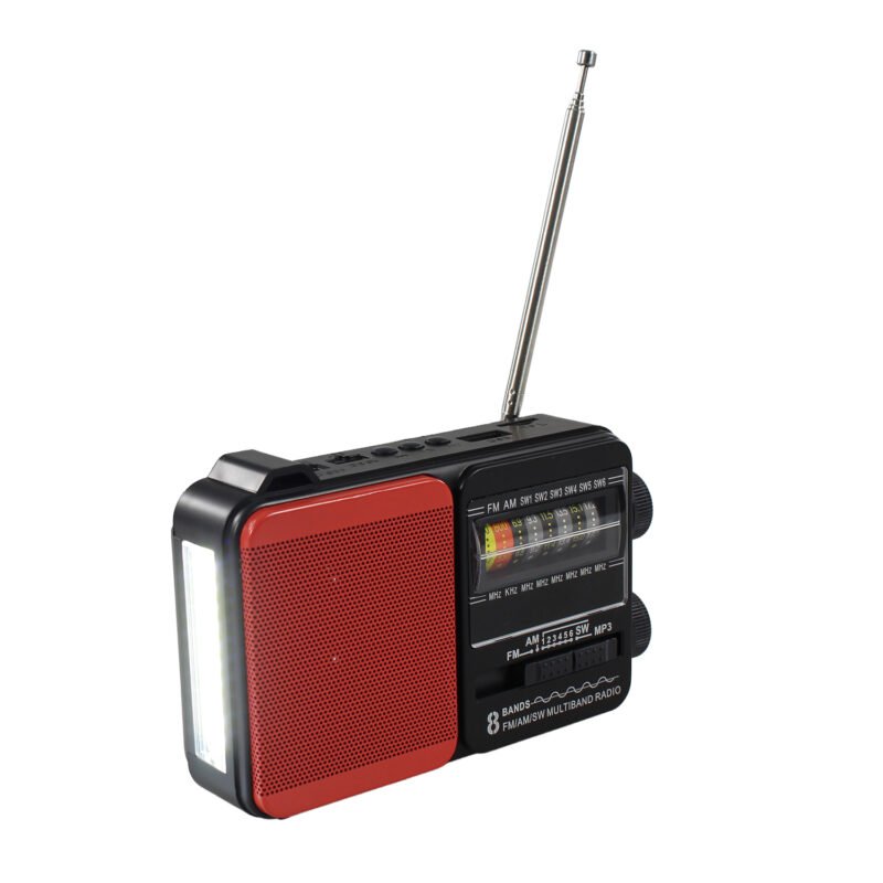 radio tecnolab portatil am/fm/sw, usb/tf, luz led, carga solar, bateria 18650, antena telescopica, 5w. red — vista 3