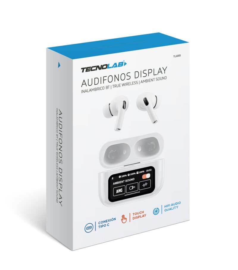 audifono tecnolab anc enc con pantalla touch 1.47", inalambricos bt, carga tipo c, 350mah, 4 5h reproduccion, 10m alcance. — vista 3