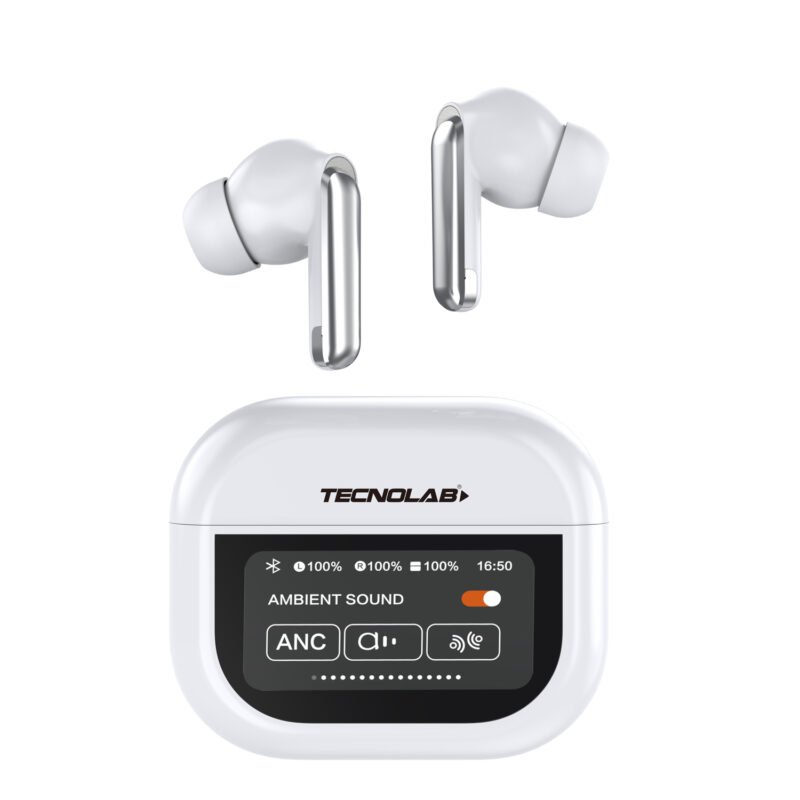 audifono tecnolab anc enc con pantalla touch 1.47", inalambricos bt, carga tipo c, 500mah, 5 6h reproduccion, 10m alcance.