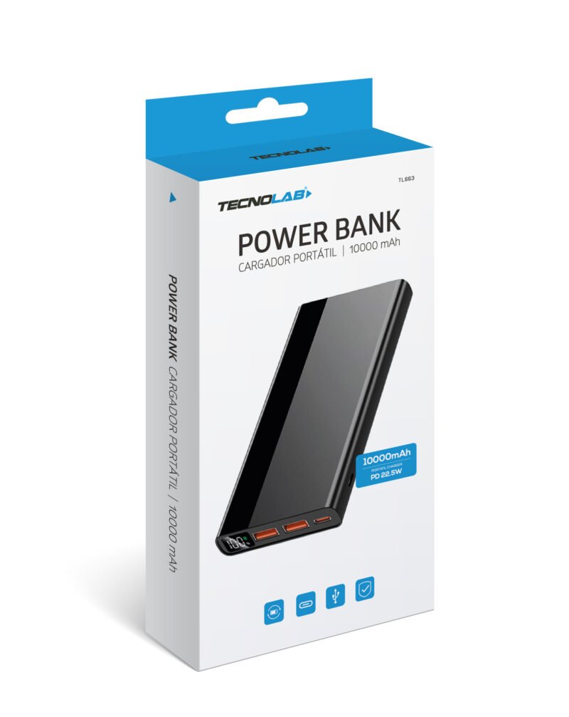 powerbank tecnolab 10000mah bateria litio, pd 22.5w, proteccion sobrecarga, amplia compatibilidad. black — vista 3