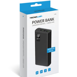 powerbank tecnolab 20000mah bateria litio, pd 22.5w, proteccion sobrecarga, amplia compatibilidad. black