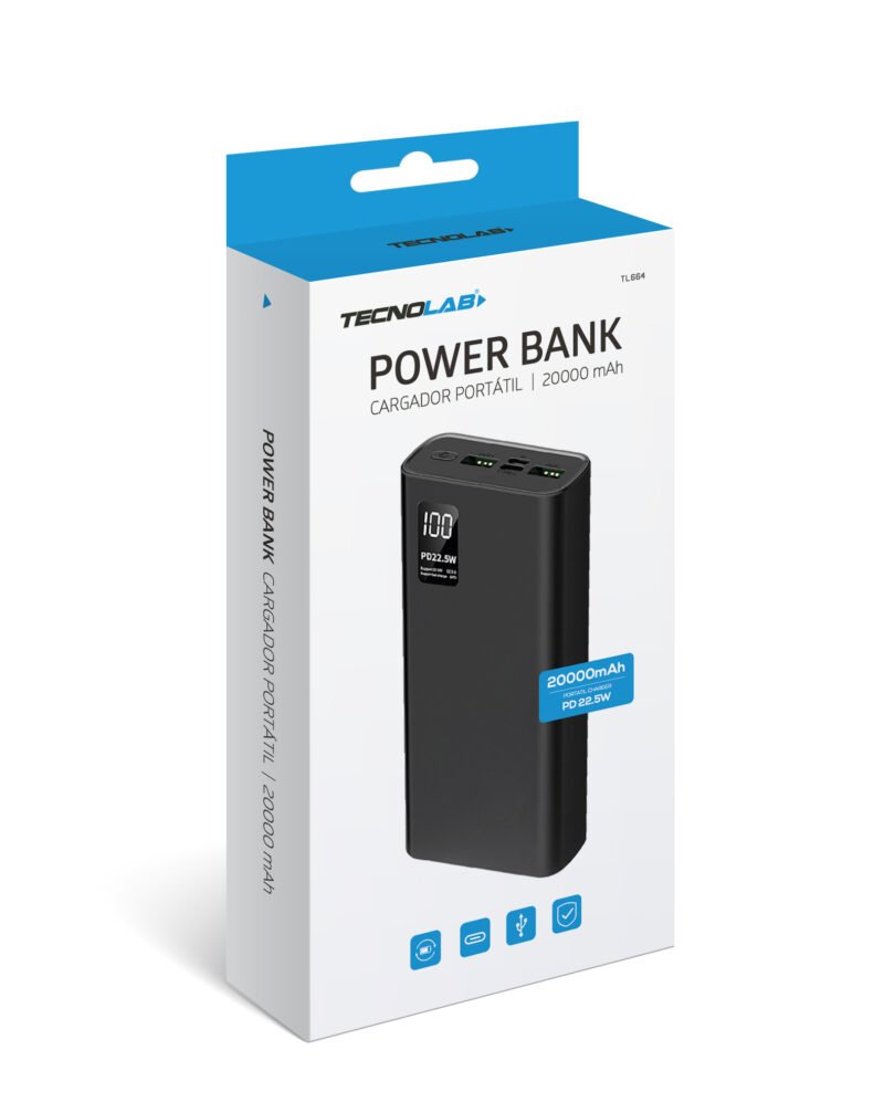 powerbank tecnolab 20000mah bateria litio, pd 22.5w, proteccion sobrecarga, amplia compatibilidad. black