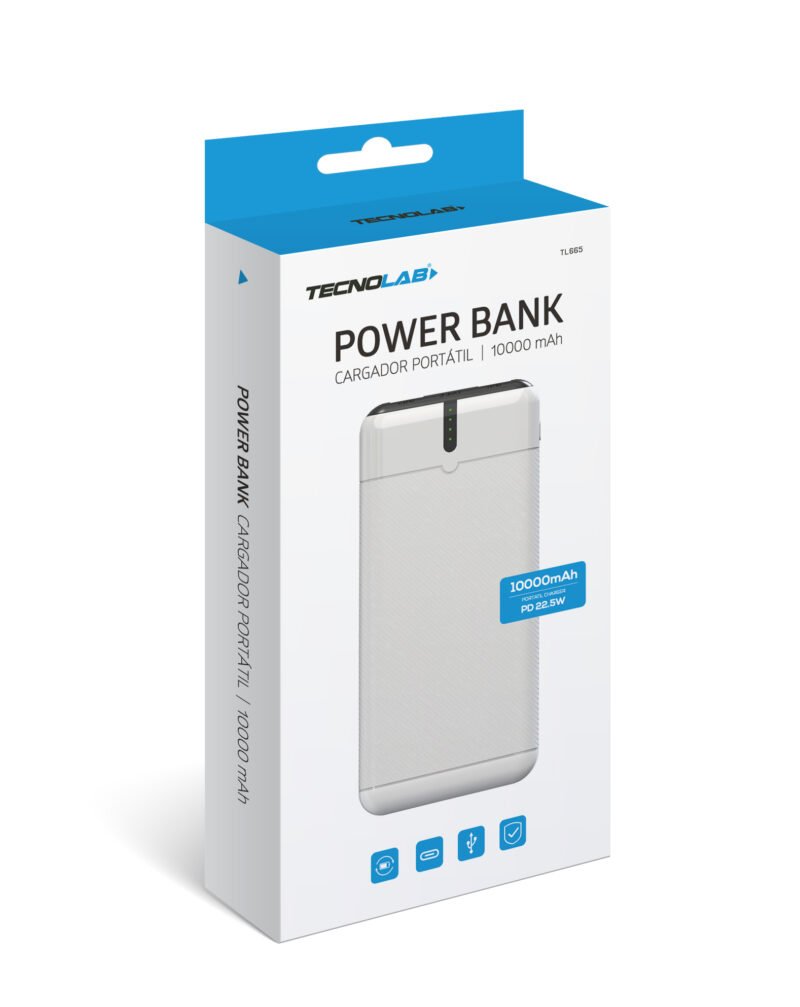 powerbank tecnolab 10000mah bateria litio, pd 22.5w, proteccion sobrecarga, compatibilidad amplia.white — vista 3