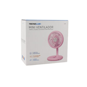 ventilador tecnolab portatil recargable, 2 niveles de velocidad, dc 5v, bateria recargable de 400mah, pink