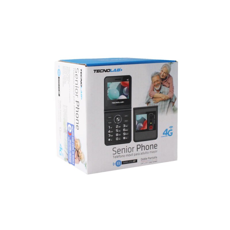 telefono senior 4g, doble pantalla 2.4 y 1.77", sim dual, boton sos, compatible con camara y bluetooth, entrada tipo c, black
