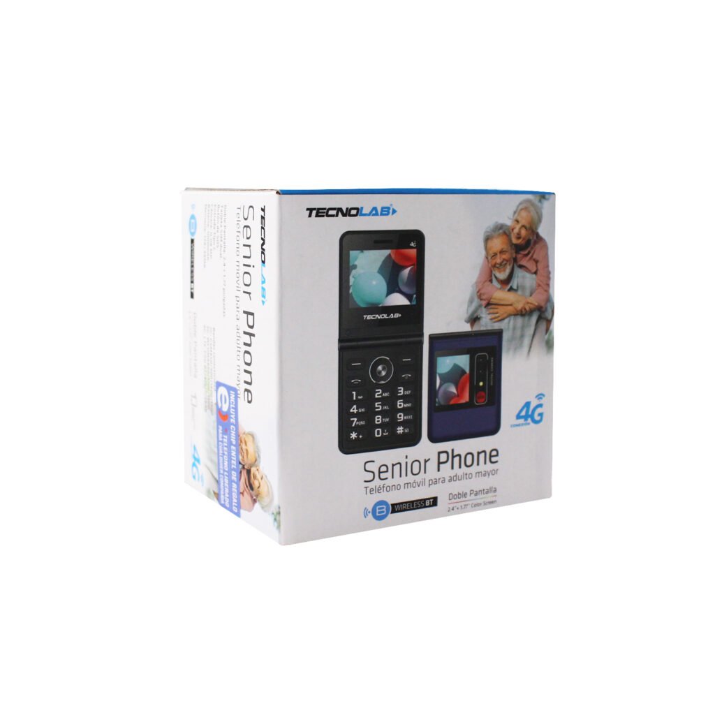 telefono senior 4g, doble pantalla 2.4 y 1.77", sim dual, boton sos, compatible con camara y bluetooth, entrada tipo c, blue