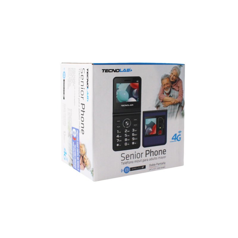 telefono senior 4g, doble pantalla 2.4 y 1.77", sim dual, boton sos, compatible con camara y bluetooth, entrada tipo c, blue