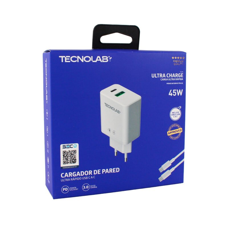cargador tecnolab qc 3.0 + pd 45w con cable tipo c a c. certificacion sec. white — vista 3
