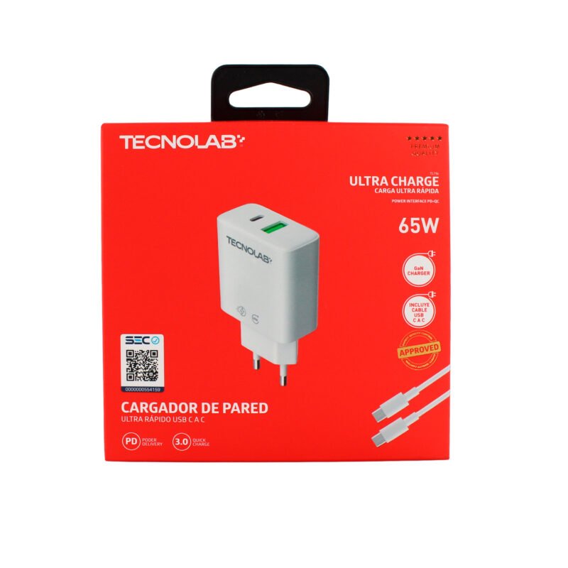 cargador tecnolab gan qc 3.0 + pd 65w con cable tipo c a c. certificacion sec. white. — vista 3