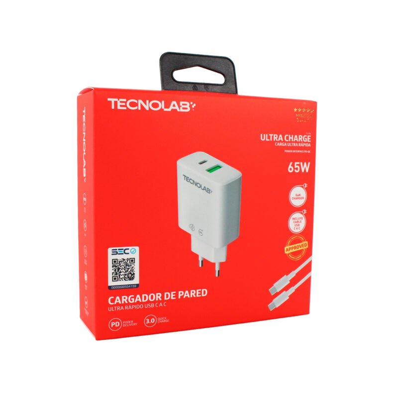 cargador tecnolab gan qc 3.0 + pd 65w con cable tipo c a c. certificacion sec. white. — vista 4