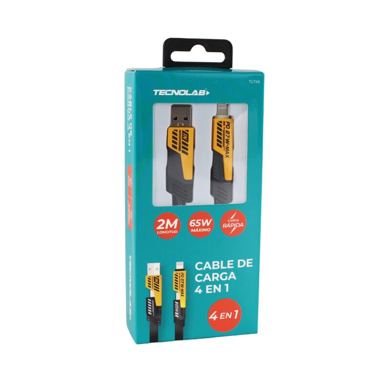 cable tecnolab 4 en 1 max 60w. 1xusb, 2xtipo c, 1xlightning. trenzado nylon de 2 metros — vista 2