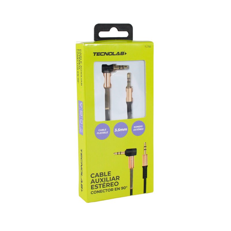cable tecnolab auxiliar 3.5mm, conector 90 grados, cubierta metalica y soporta microfono — vista 2