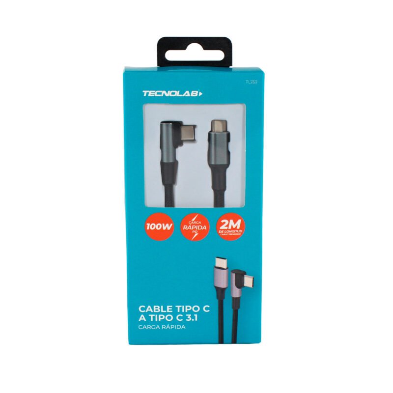 cable tecnolab tipo c a c, 100w con cubierta metalica y 1 angulo 90 grados. 2 metros — vista 2