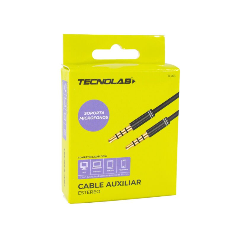 cable tecnolab auxiliar 3.5mm, flexible, cubierta metalica y soporta microfono — vista 2