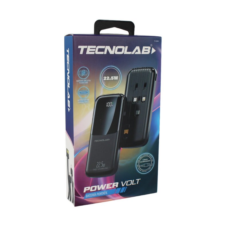 powerbank tecnolab 15000mah 22,5w incluye 4 cables, tipo c, usb, micro usb y lightning. black — vista 2