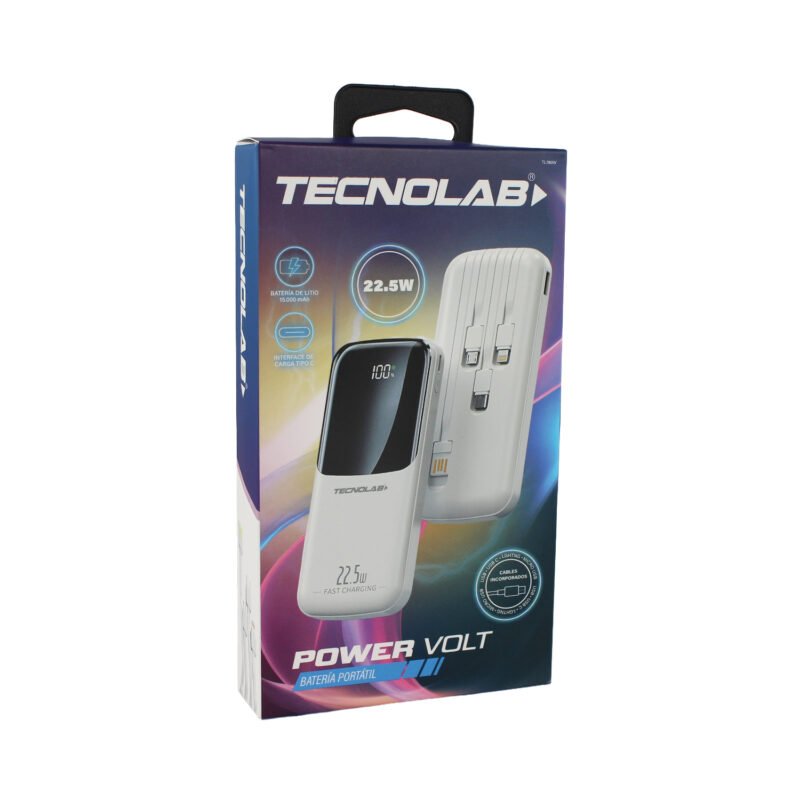 powerbank tecnolab 15000mah 22,5w incluye 4 cables, tipo c, usb, micro usb y lightning. white — vista 2